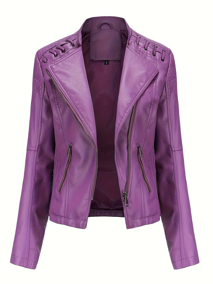 Violet faux leather moto jacket, front view open