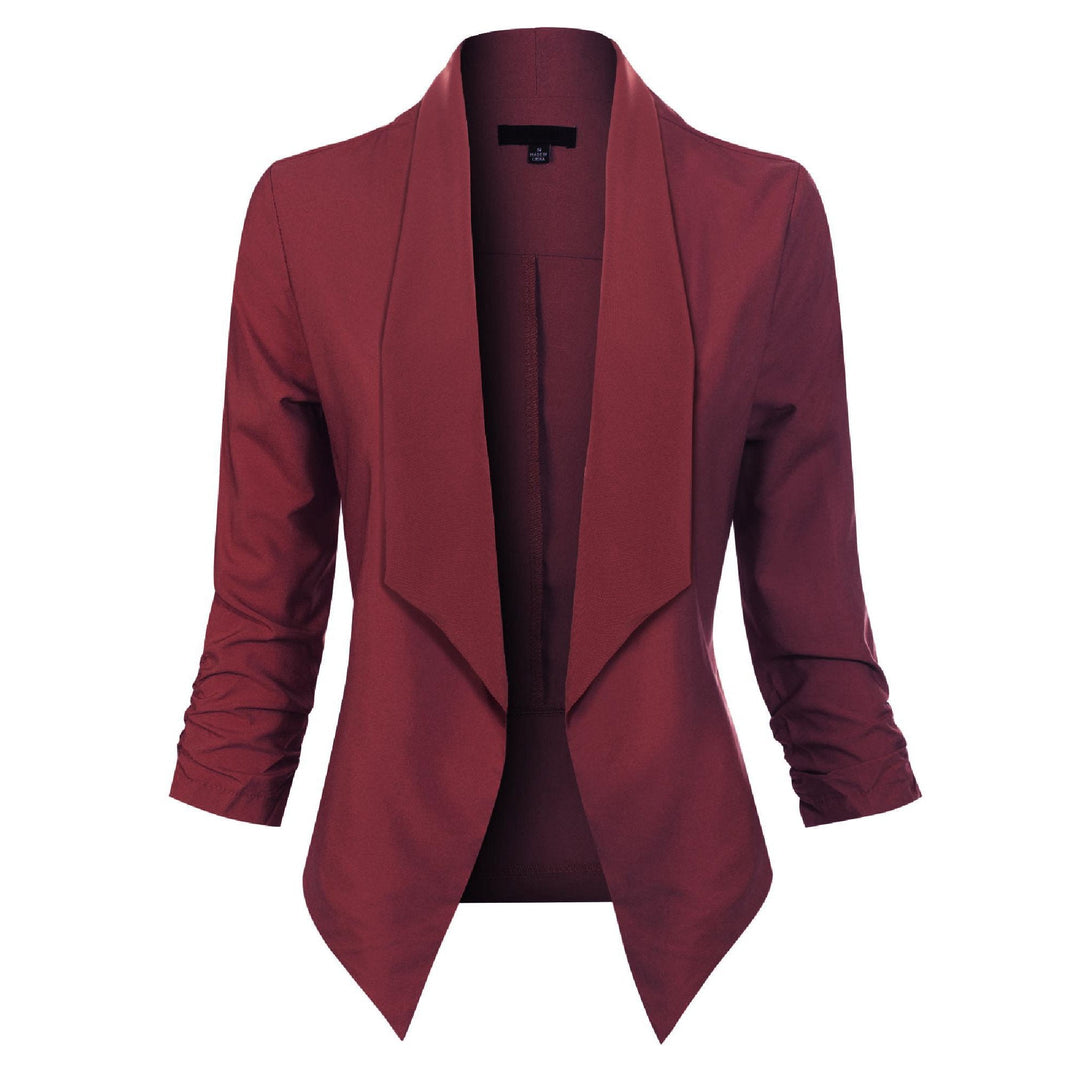 Burgundy open-front blazer with draped lapel, front view
