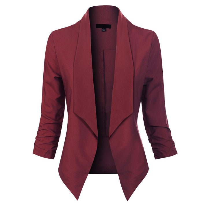 Burgundy open-front blazer with draped lapel, front view