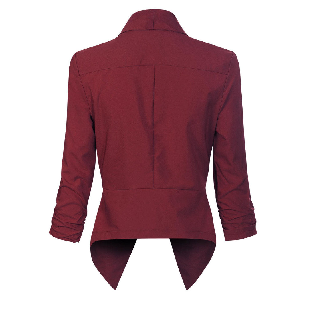 Burgundy open-front blazer, back view showing asymmetric hem