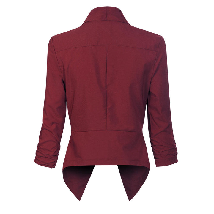 Burgundy open-front blazer, back view showing asymmetric hem