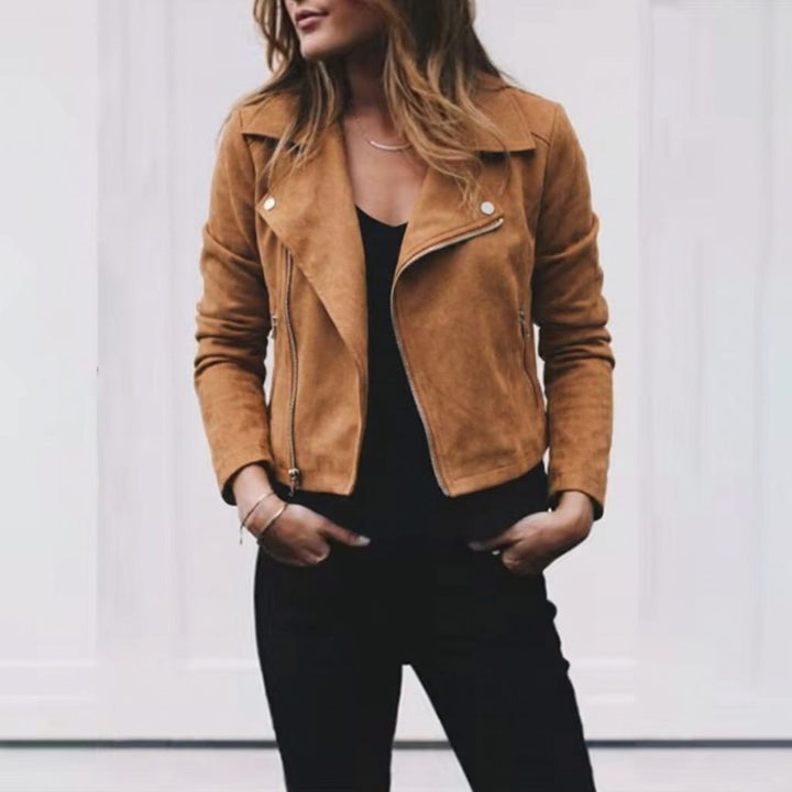 Woman wearing khaki suede-look cropped moto jacket with asymmetrical zip