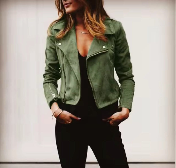 Woman wearing green suede-look cropped moto jacket with zip front