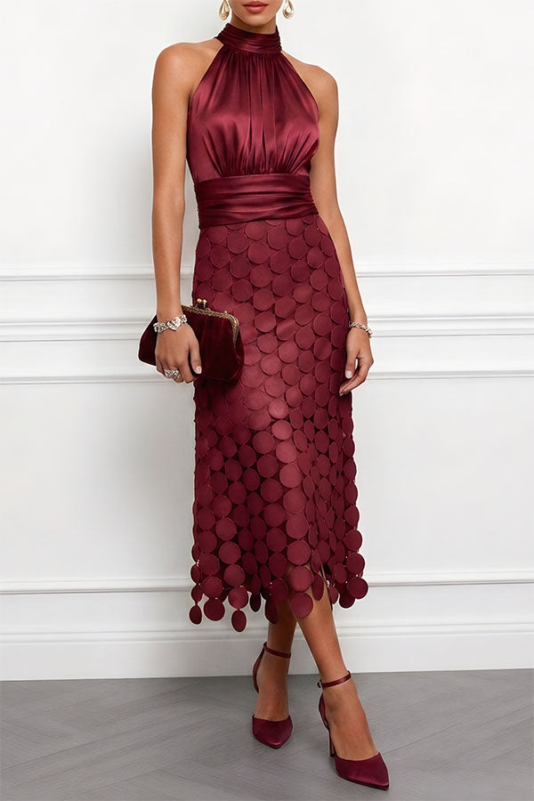 Burgundy satin halter midi dress with circle cutout skirt, front view