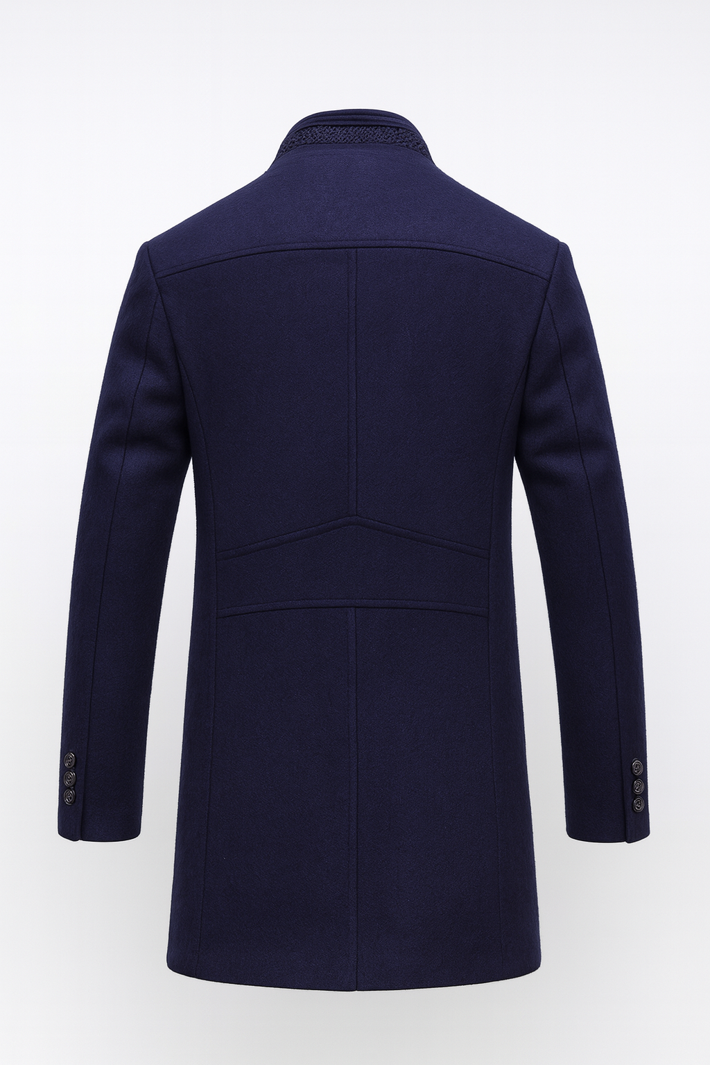 Navy wool blend overcoat back view showing seam detail