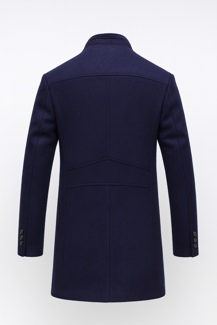 Navy wool blend overcoat back view showing seam detail