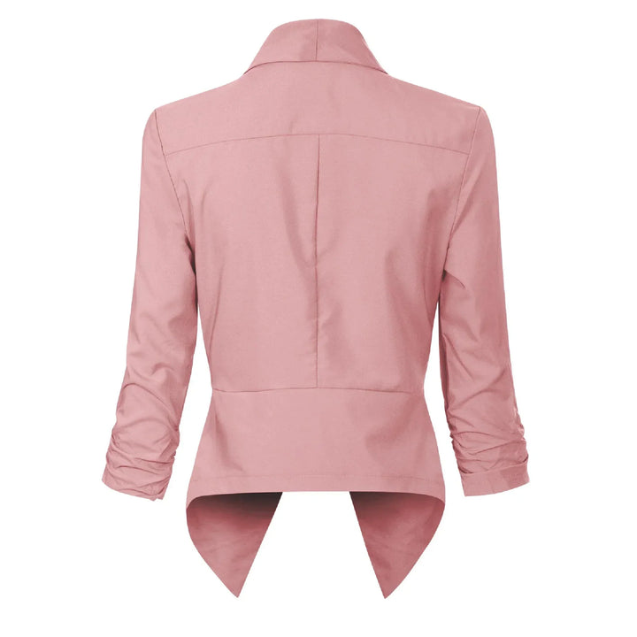 Pink open-front blazer, back view showing asymmetric hem
