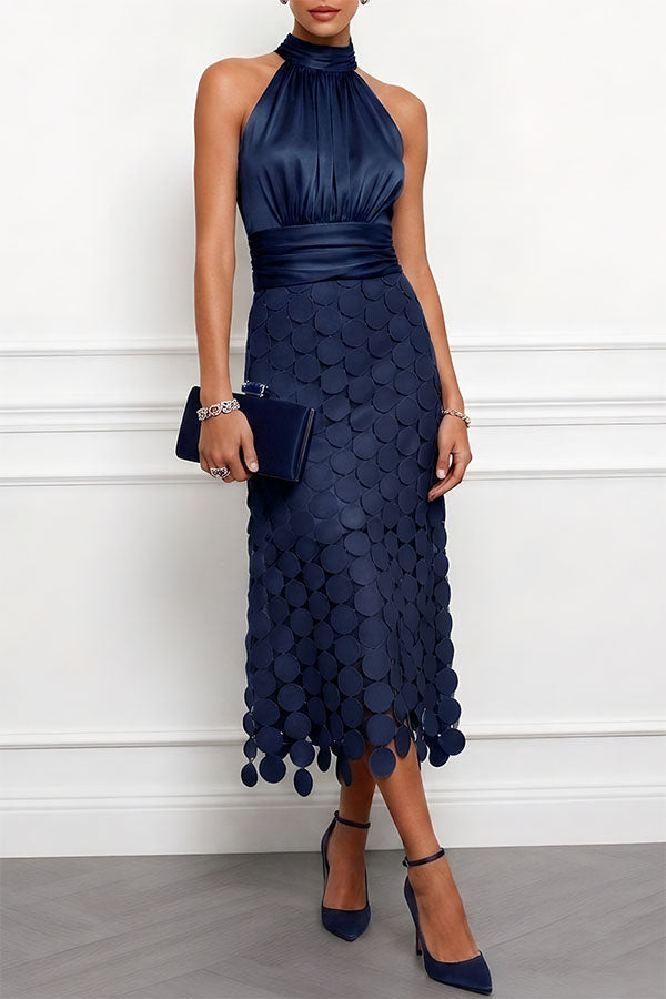Navy blue satin halter midi dress with circle cutout skirt, front view