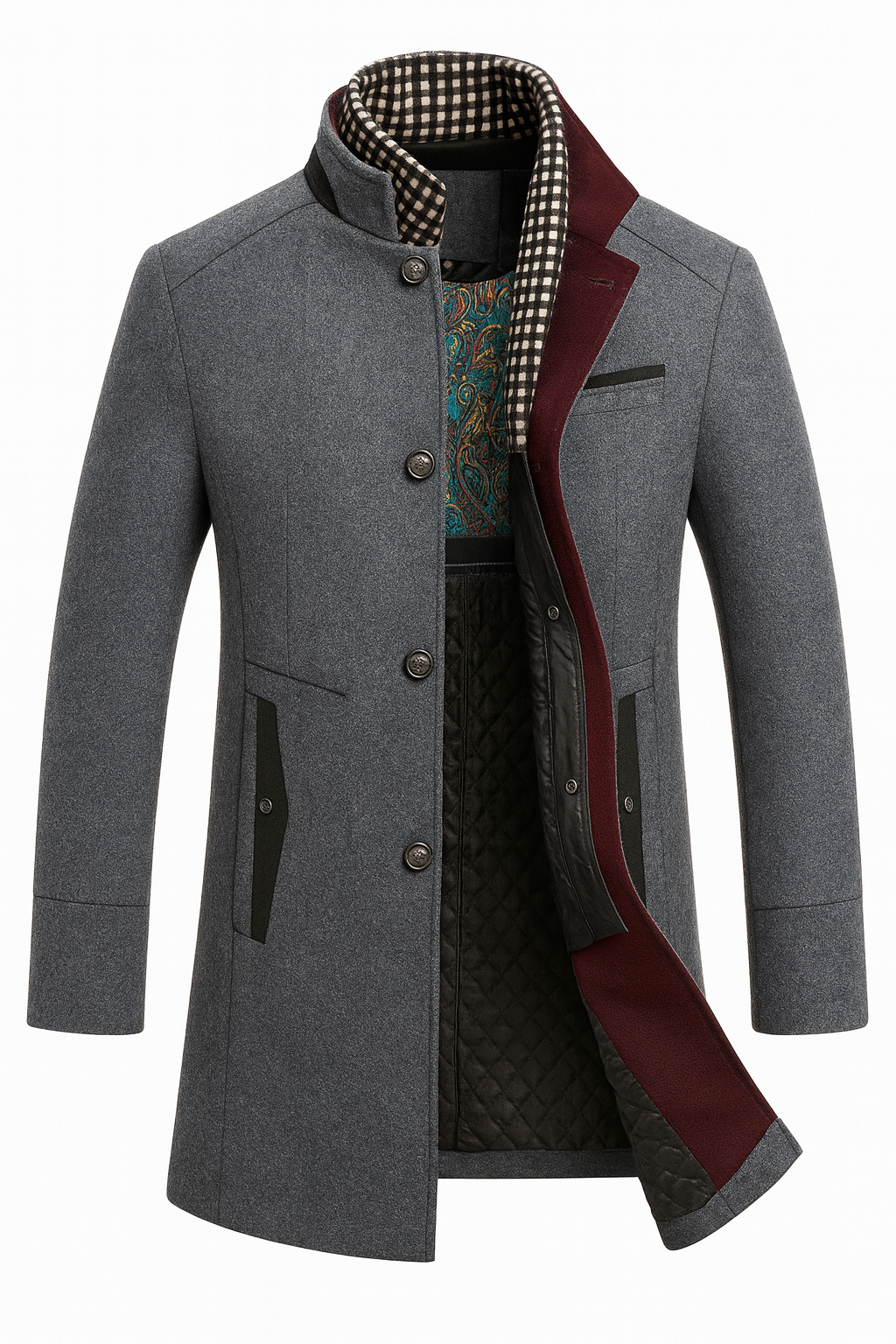 Gray wool blend overcoat laid flat with contrast collar detail