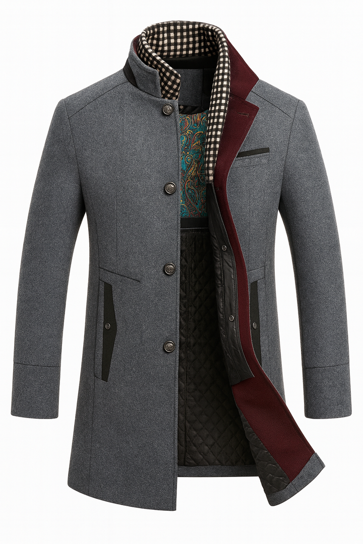 Gray wool blend overcoat laid flat with contrast collar detail