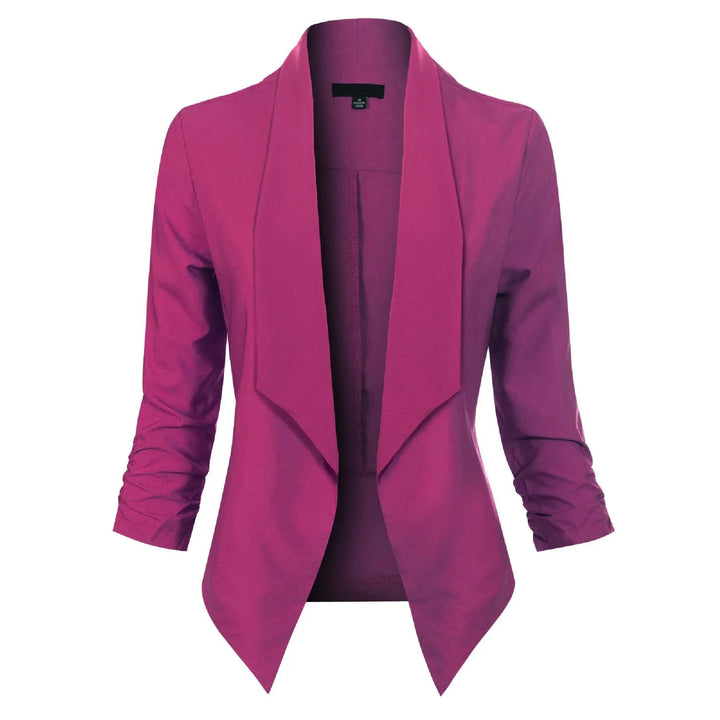 Magenta open-front blazer with draped lapel, front view