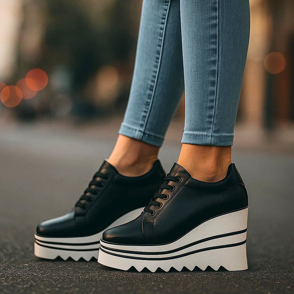 Black tiered platform sneakers with white deep tread outsole
