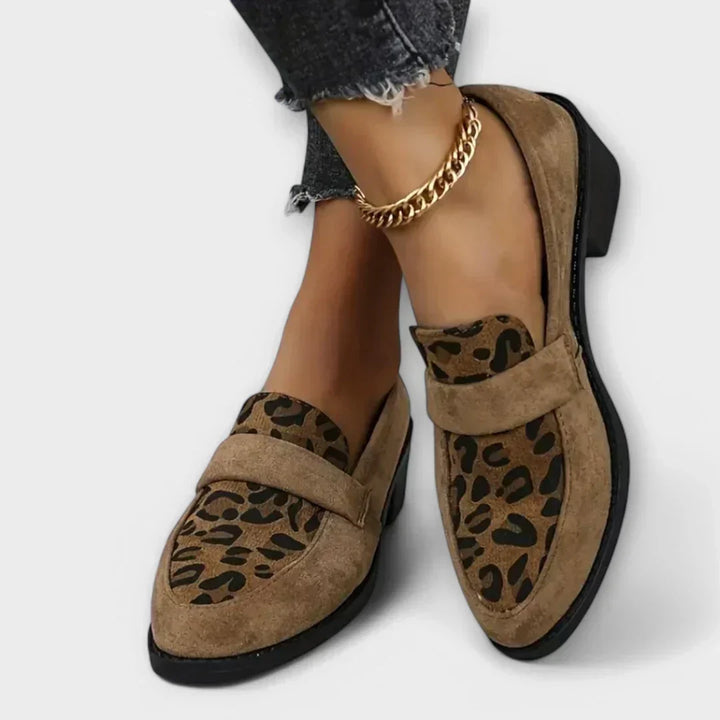 Leopard print panel loafers with block heel, front view on model