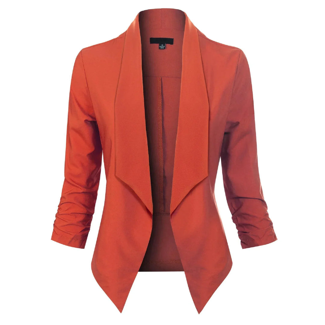 Orange open-front blazer with draped lapel, front view