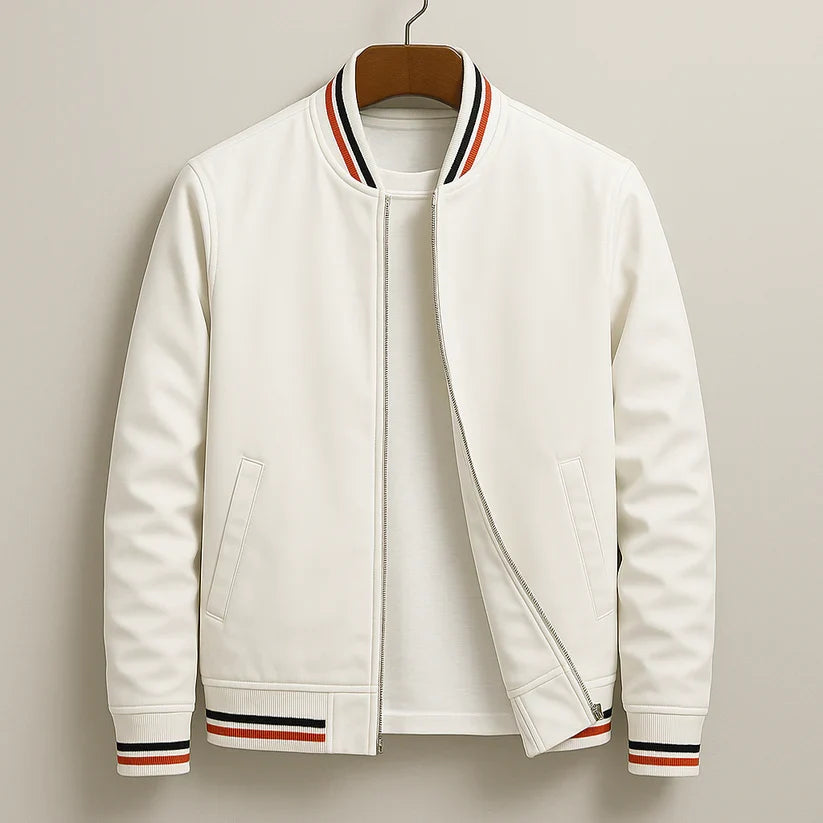 White bomber jacket with striped ribbed trim on hanger