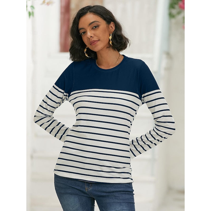 Woman wearing navy blue and white striped long sleeve top