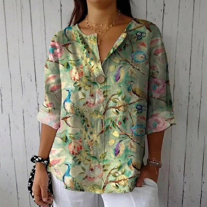 Elarose Breathable Floral Print V Neck Blouse