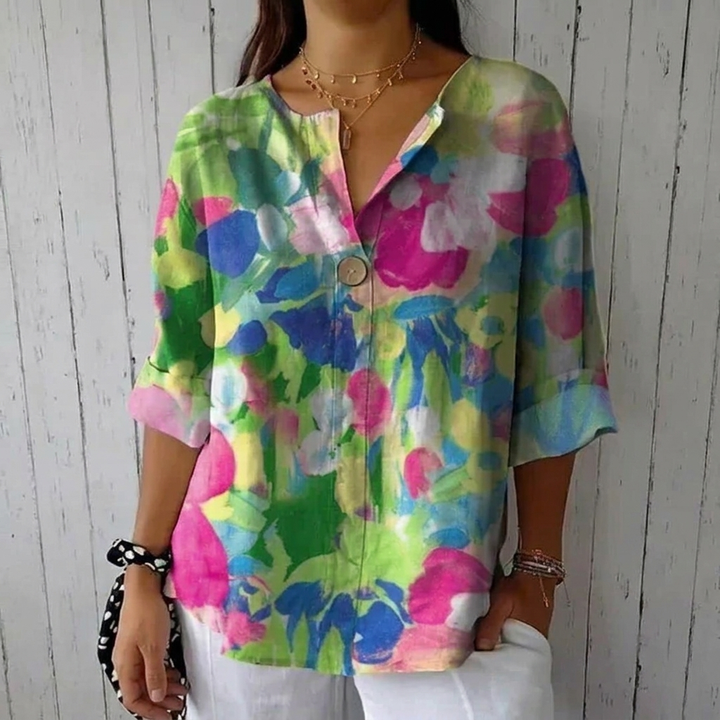 Elarose Breathable Floral Print V Neck Blouse