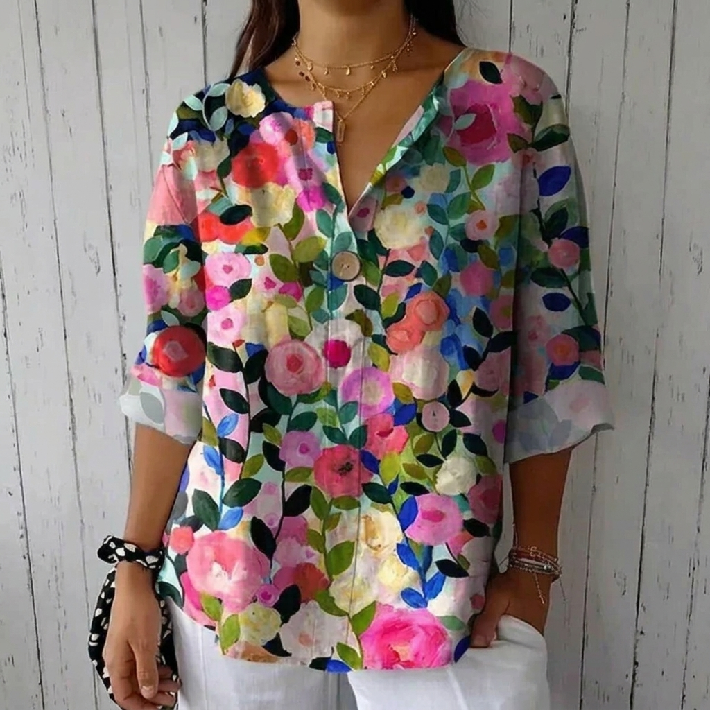 Elarose Breathable Floral Print V Neck Blouse