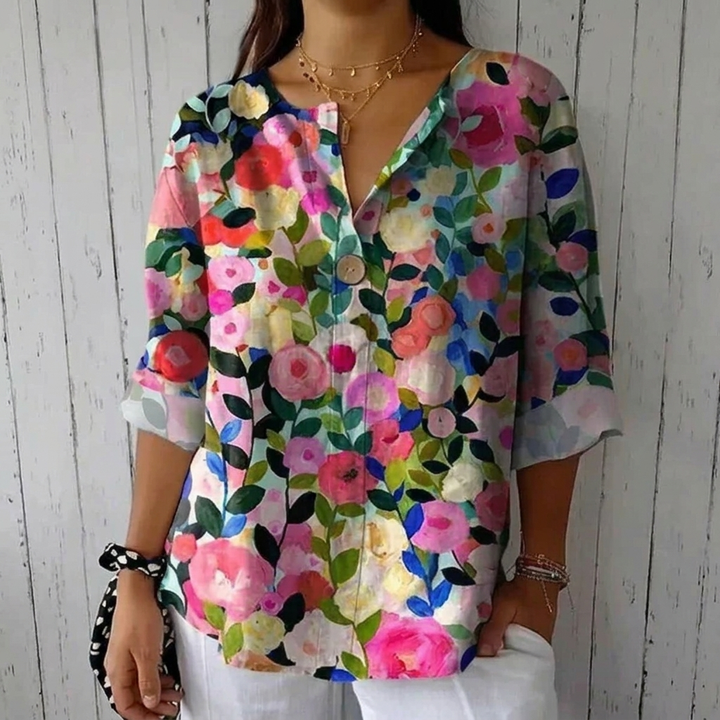 Elarose Breathable Floral Print V Neck Blouse