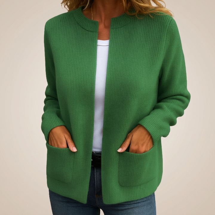 Green ribbed knit open front cardigan with patch pockets