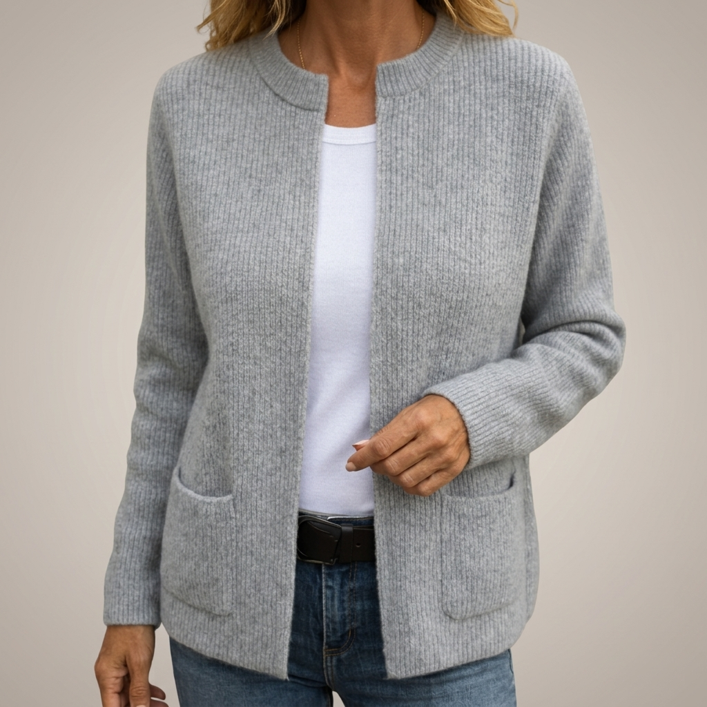 Grey ribbed knit cardigan with crew neckline and patch pockets