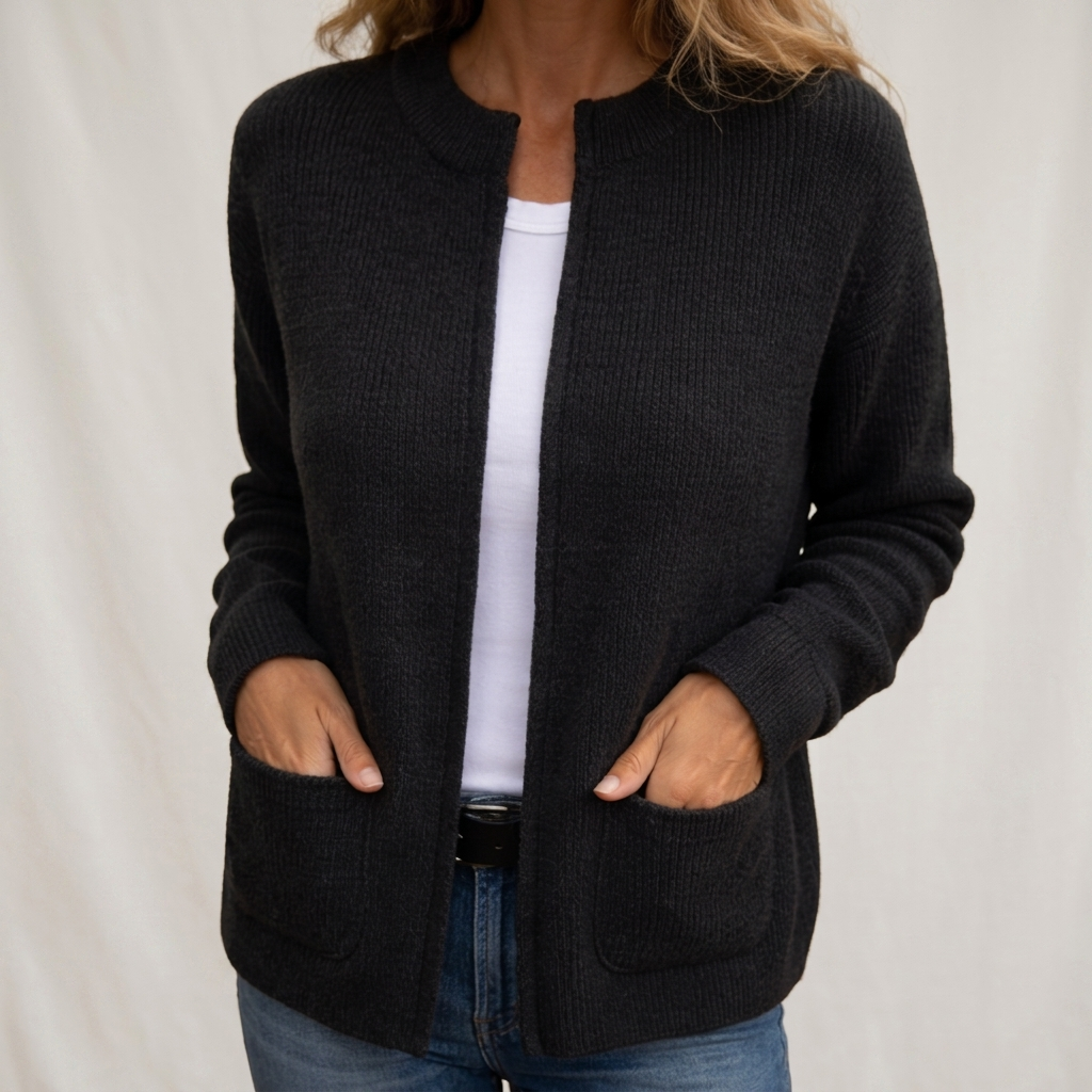 Black ribbed knit open front cardigan with patch pockets