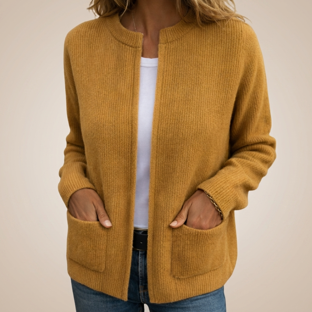 Yellow ribbed knit cardigan with crew neckline and patch pockets