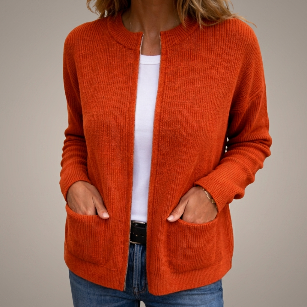 Orange ribbed knit open front cardigan with patch pockets