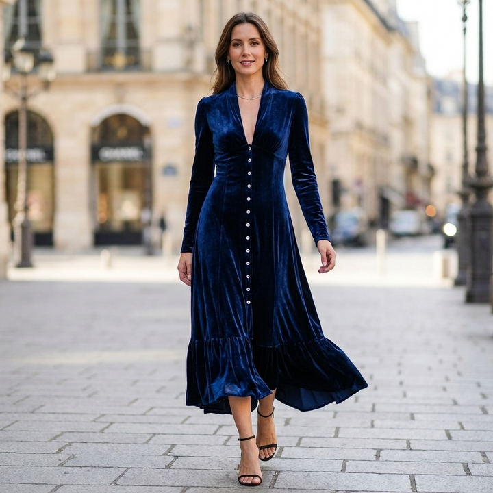 Rosalind Button Front Velvet Dress