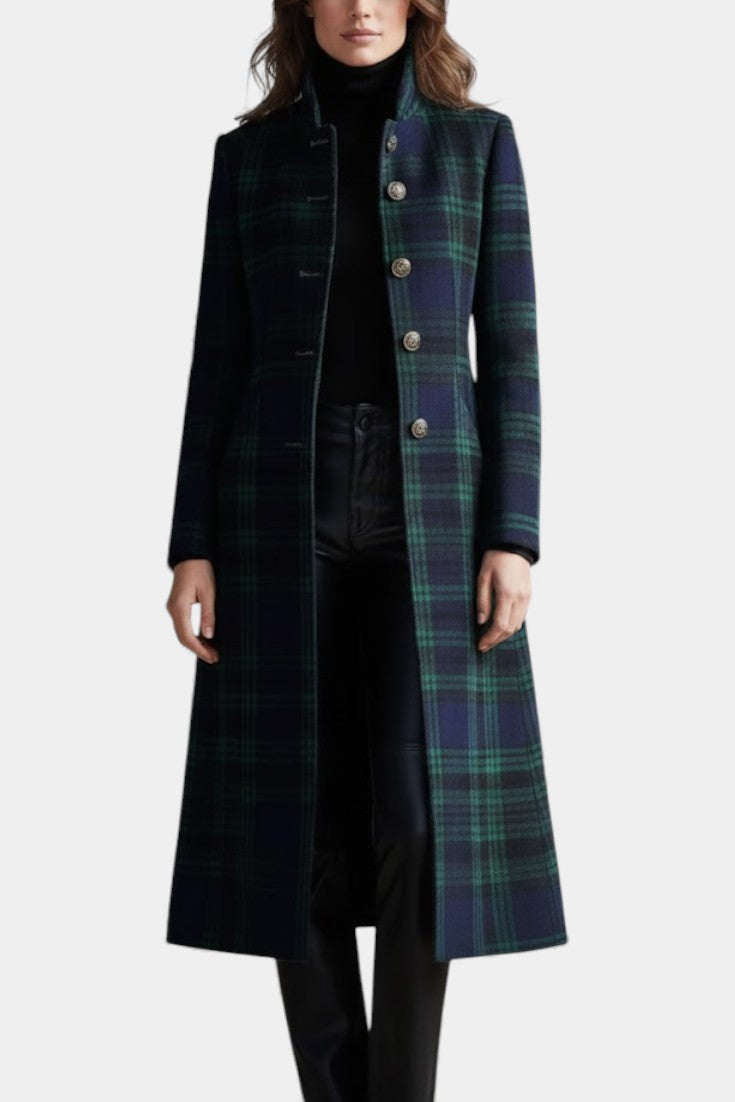 Front view of plaid coat with antique button closure and stand collar