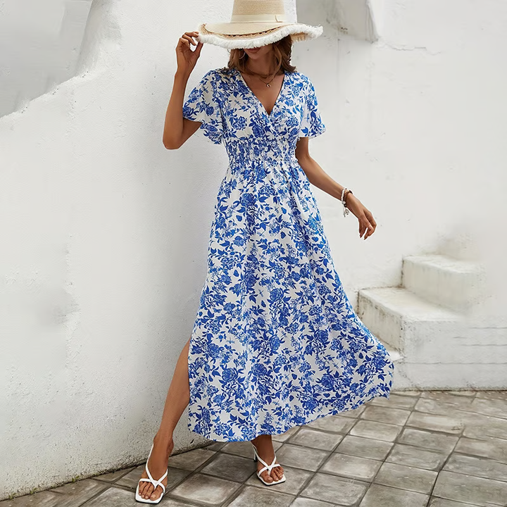 Sara Boho Printed V Neck Short Sleeve Maxi Dress