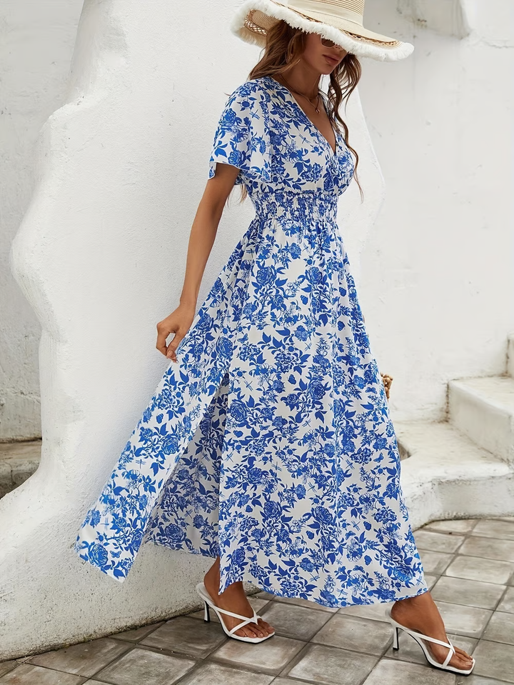 Sara Boho Printed V Neck Short Sleeve Maxi Dress