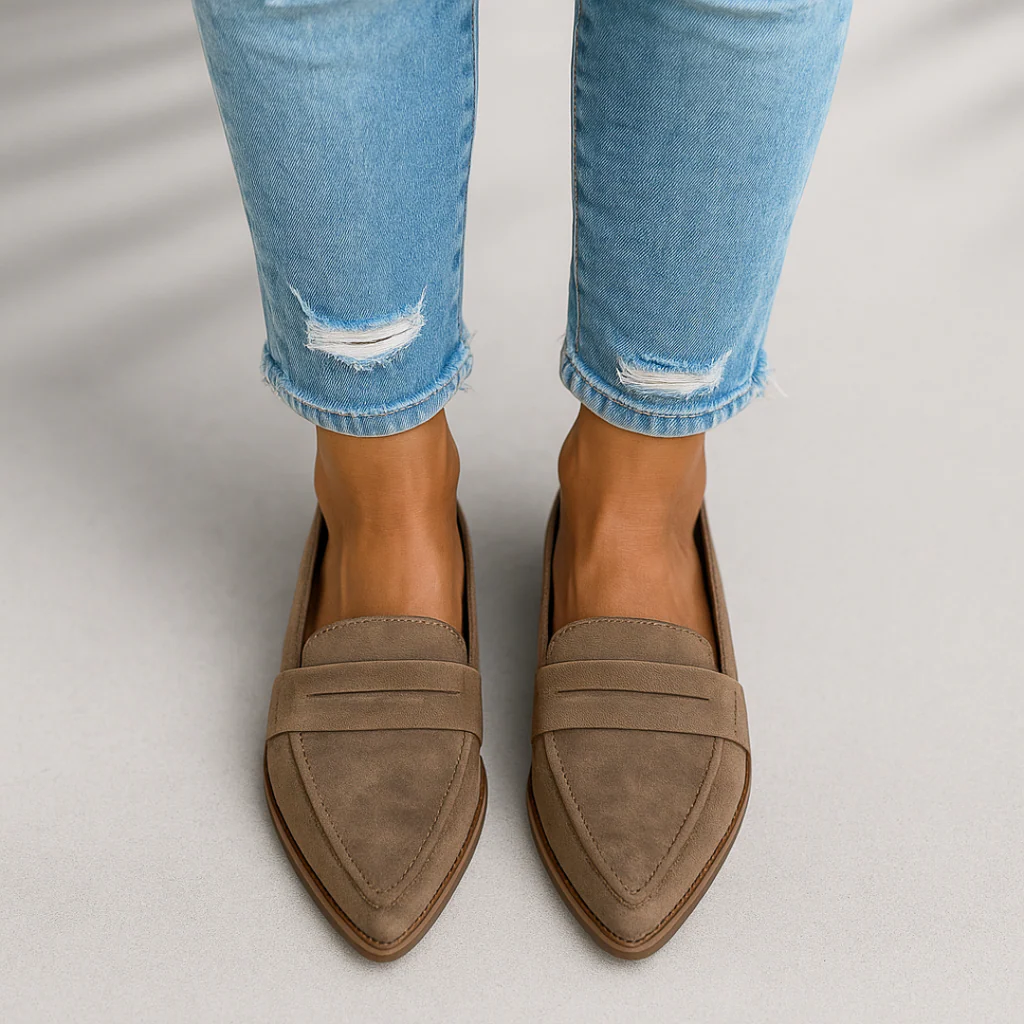 Khaki suede-look penny loafers on model, front view