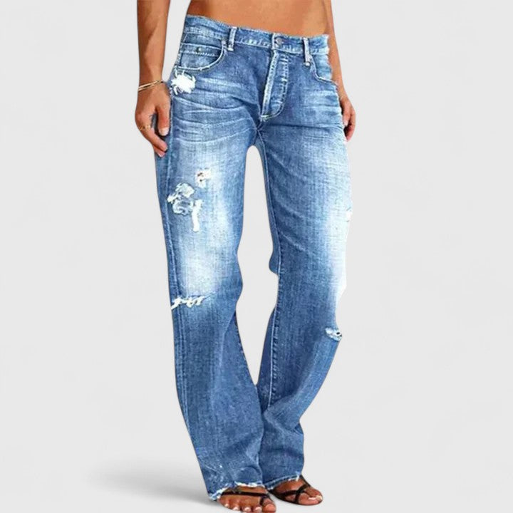 Light blue distressed wide-leg jeans, front view