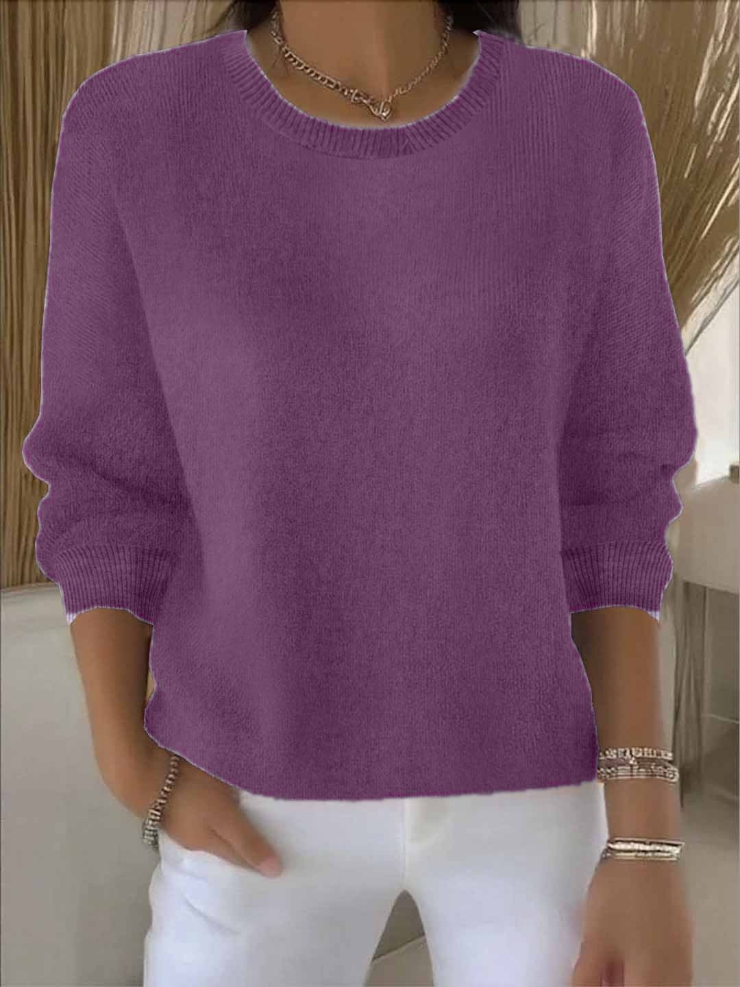 Purple pullover sweater with ribbed crew neckline