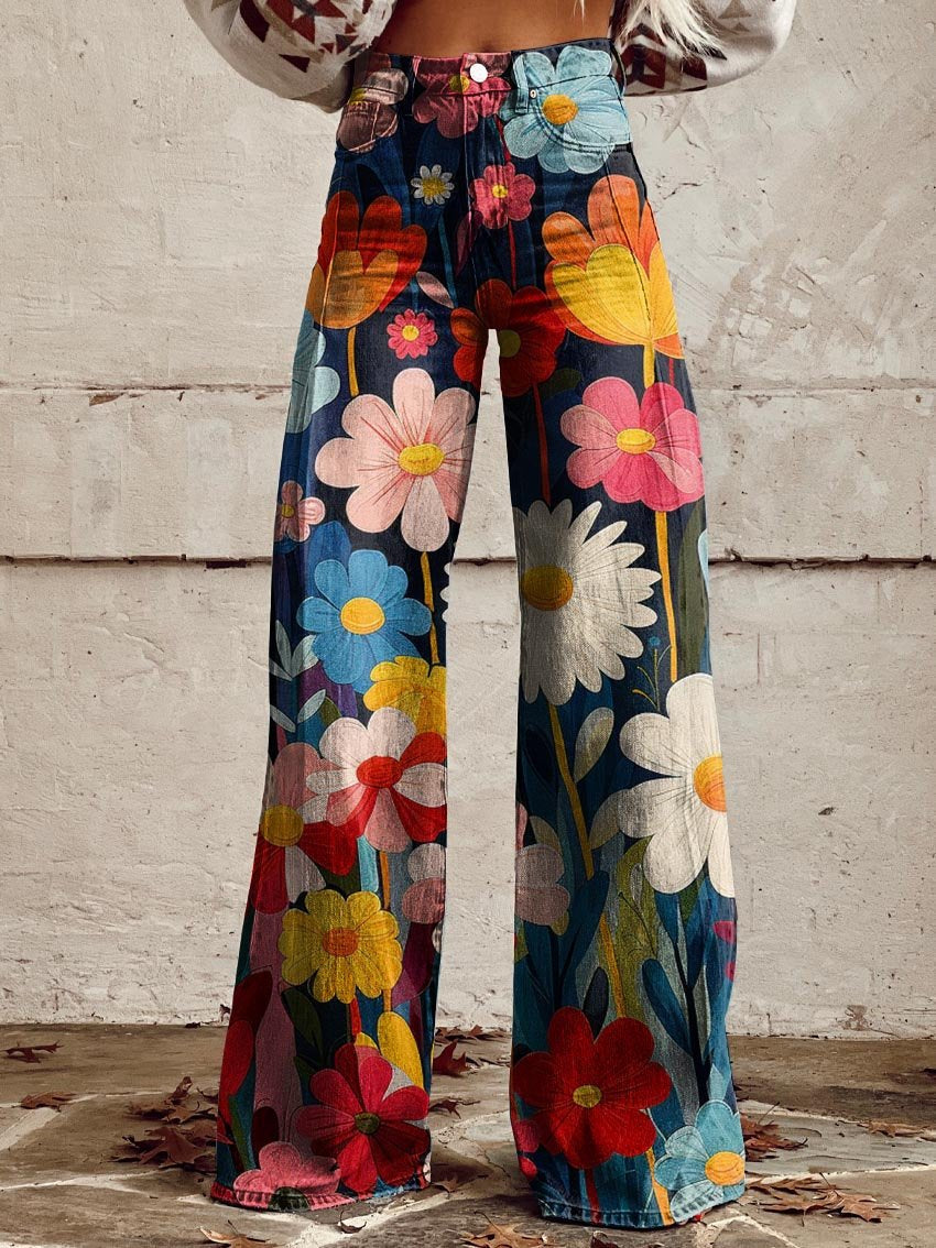 Back view of colorful floral print wide leg pants