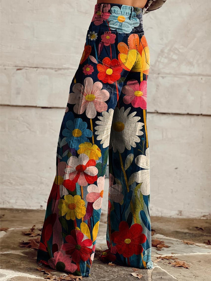 Side view of floral print wide leg pants showing high waist and hip pocket
