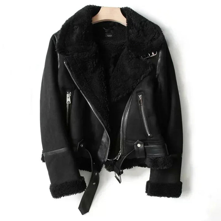 Black faux shearling-lined biker jacket with asymmetric zip front, front view