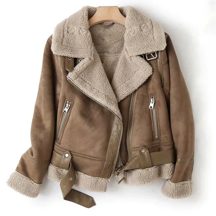 Brown faux shearling-lined biker jacket with asymmetric zip front, front view