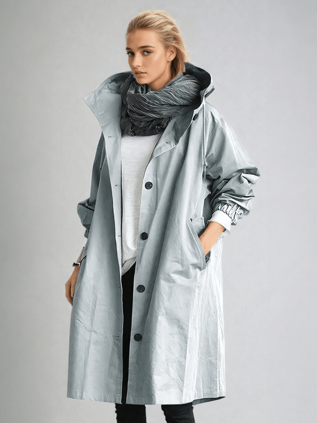 Woman wearing light gray oversized hooded trench coat with scarf, front view
