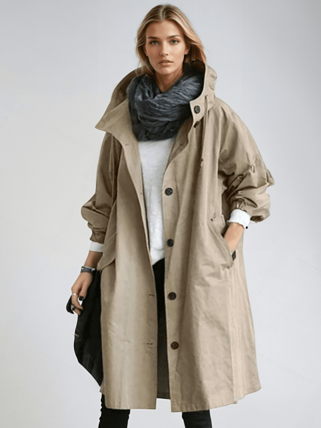 Woman wearing beige oversized hooded trench coat with scarf, front view