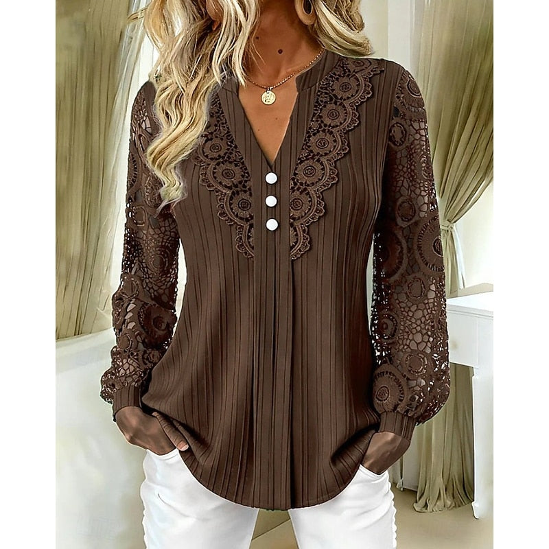 Brown ribbed blouse with crochet lace sleeves and V-neckline