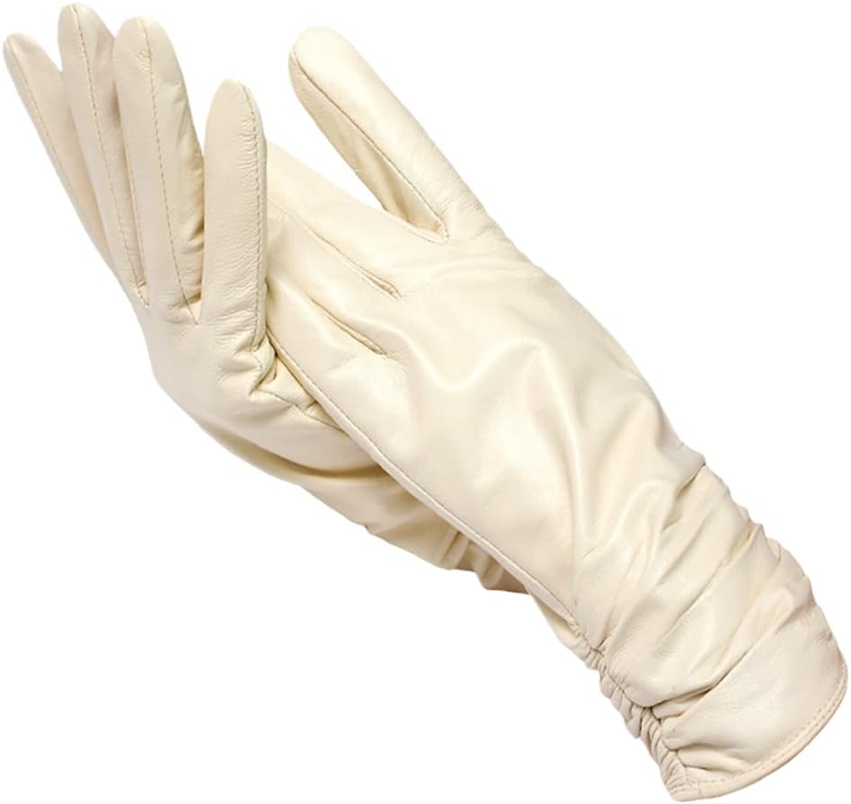 Ivory leather gloves with ruched extended cuffs