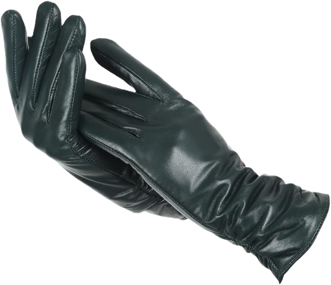 Dark green leather gloves with ruched extended cuffs