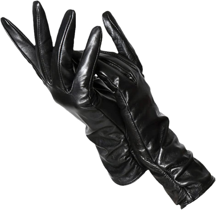 Black leather gloves with ruched extended cuffs