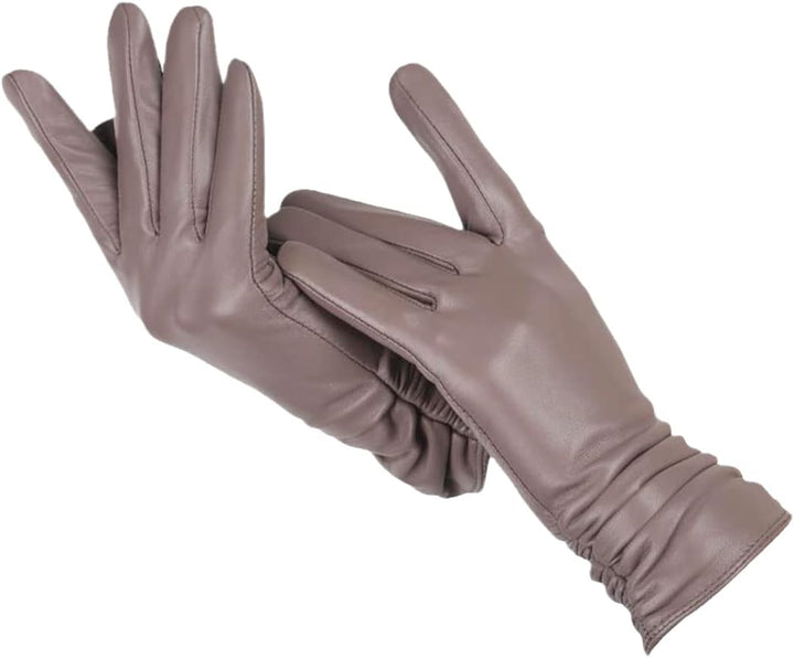 Taupe leather gloves with ruched extended cuffs
