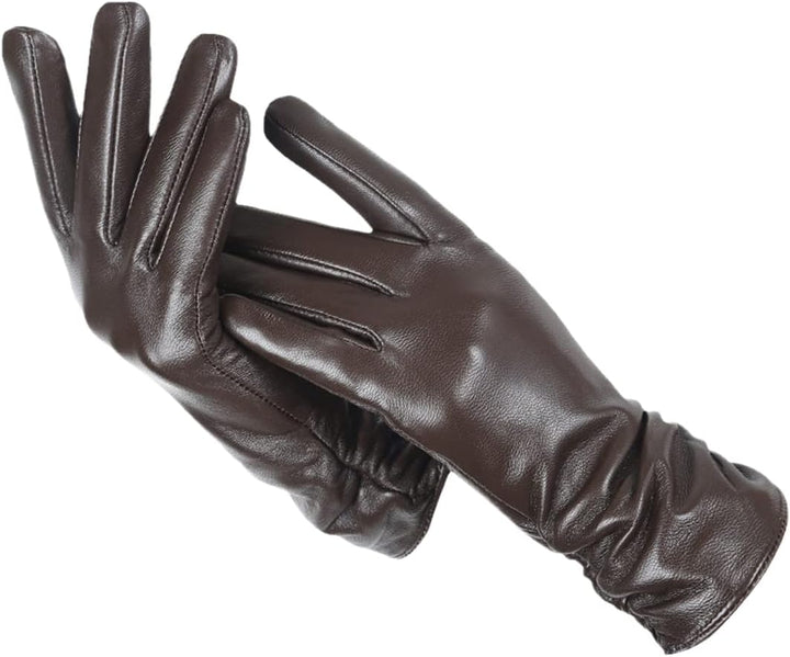 Dark brown leather gloves with ruched extended cuffs