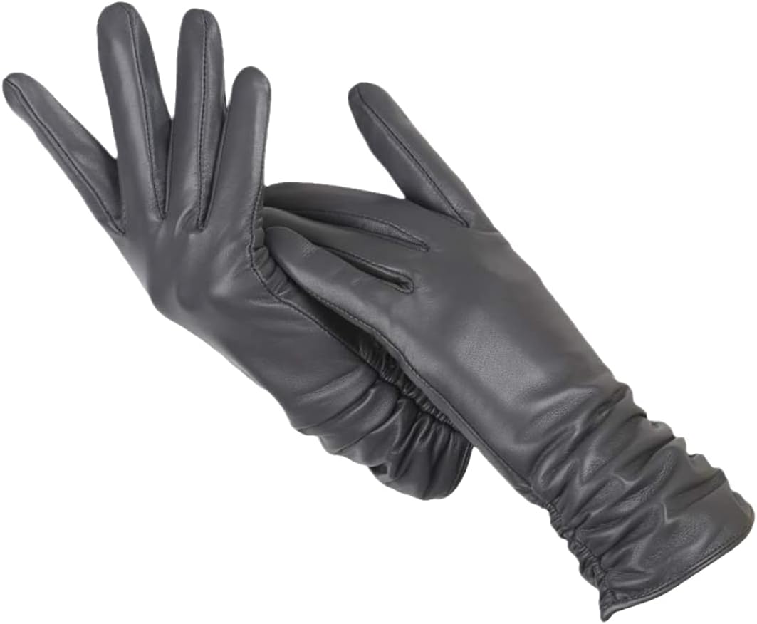 Gray leather gloves with ruched extended cuffs