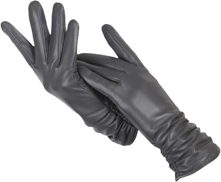 Gray leather gloves with ruched extended cuffs